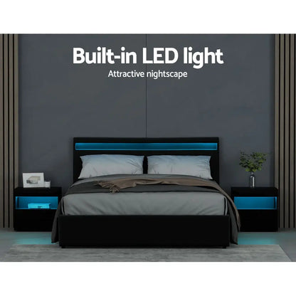 Bed Frame Queen Size Led Gas Lift Black Cole