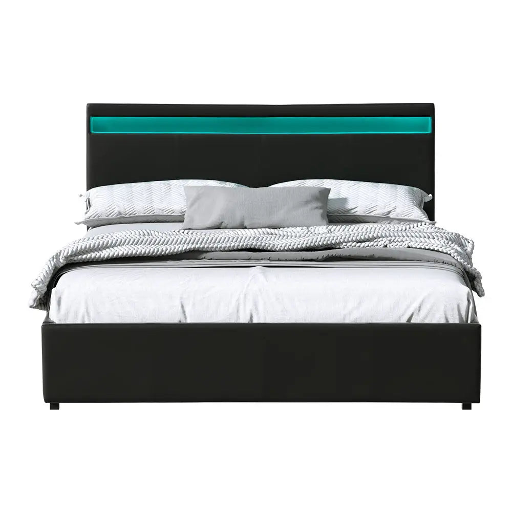 Bed Frame Queen Size Led Gas Lift Black Cole