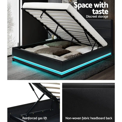Bed Frame Queen Size Led Gas Lift Black Lumi