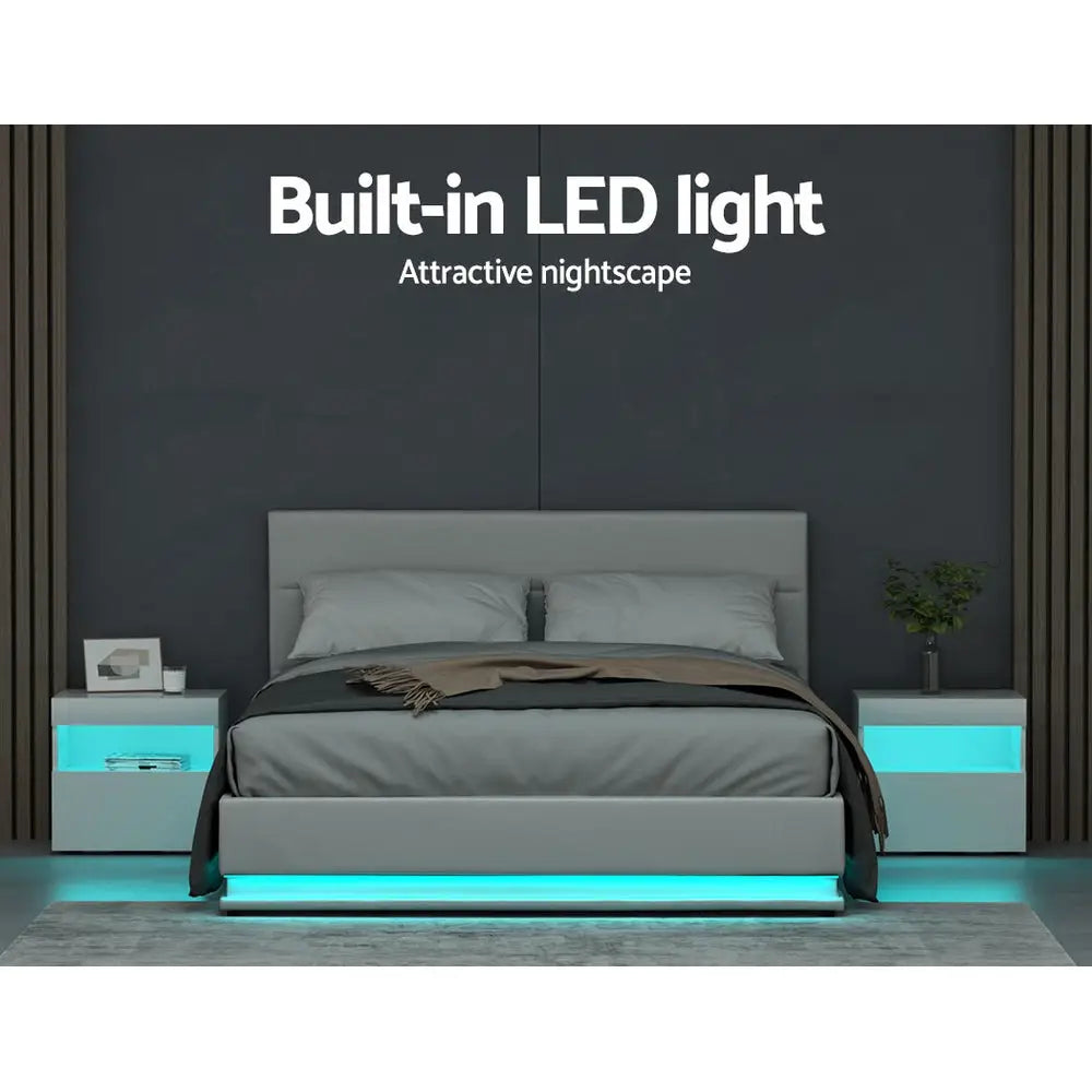Bed Frame Queen Size Led Gas Lift White Lumi