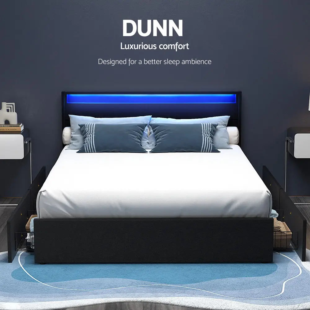 Bed Frame Queen Size Led with 4 Drawers Black Dunn