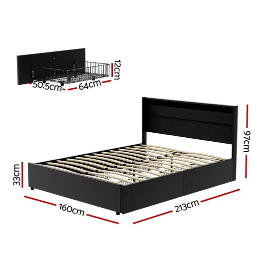 Bed Frame Queen Size Led with 4 Drawers Black Dunn
