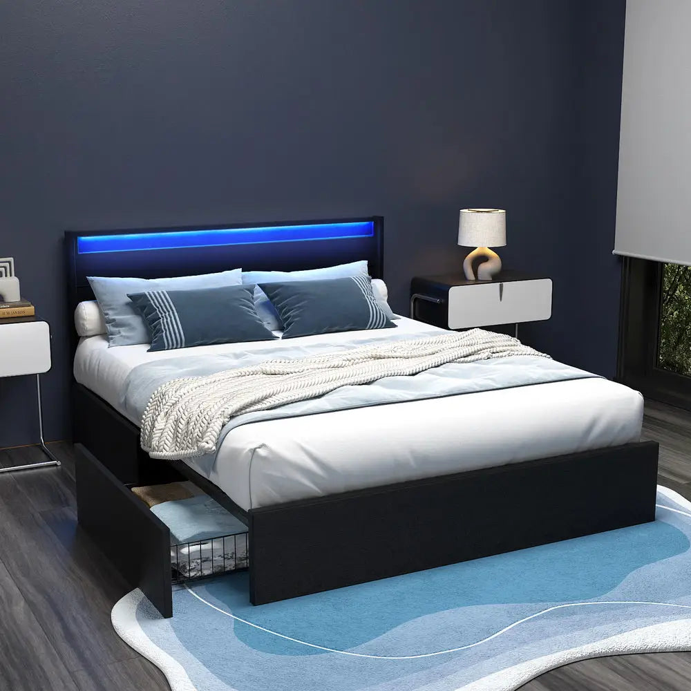 Bed Frame Queen Size Led with 4 Drawers Black Dunn