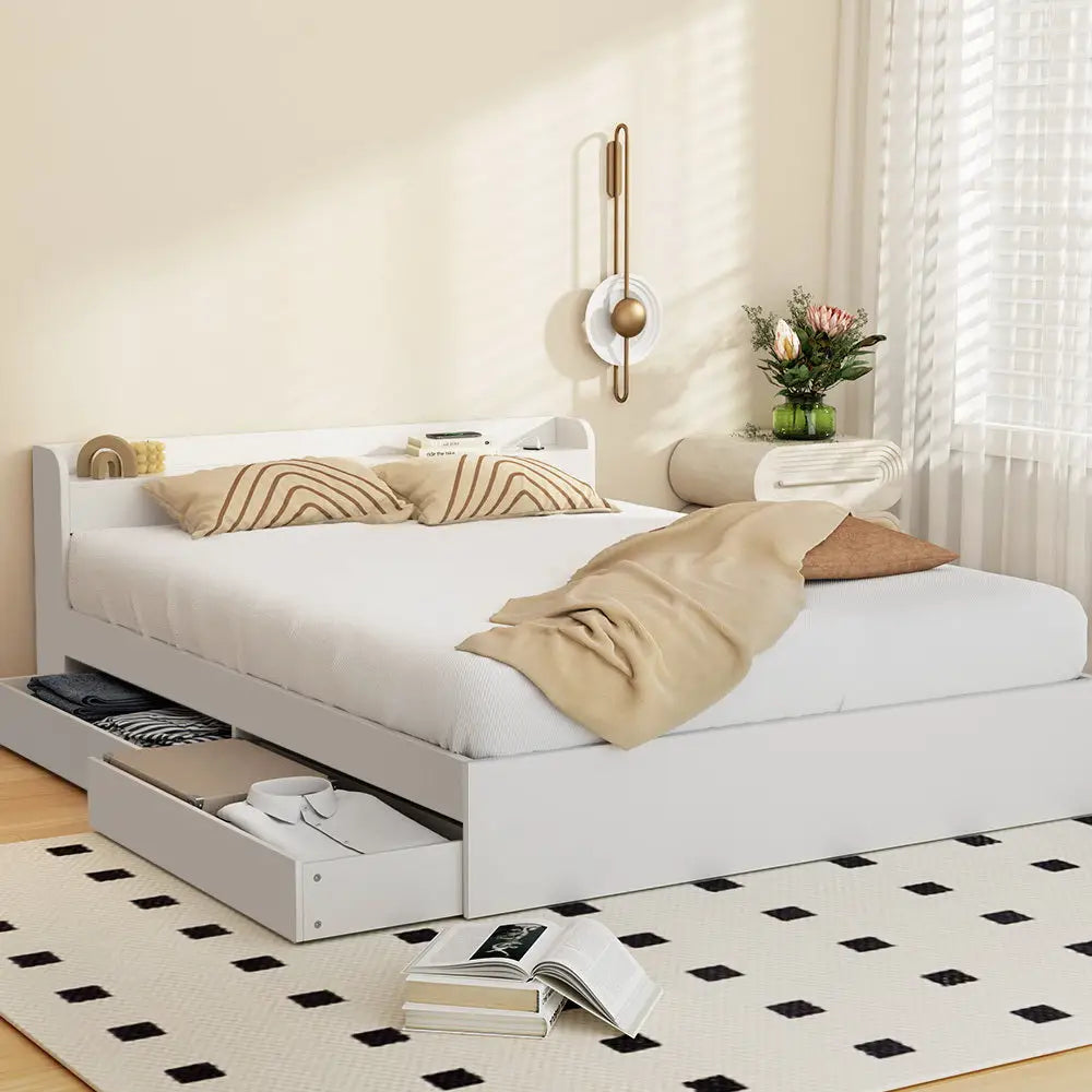 Bed Frame Queen Size Mattress Base Wtih Charging Ports 2 Storage Drawers