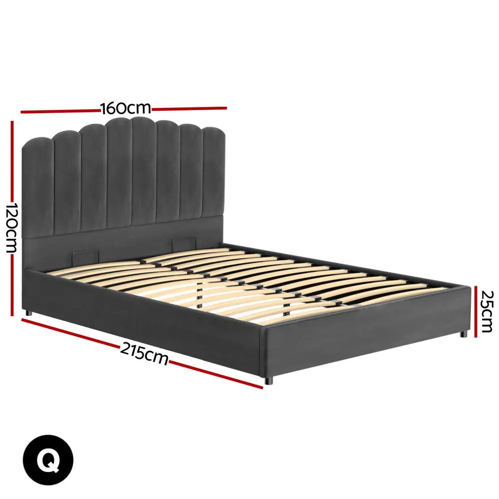 Bed Frame Queen Size Velvet Grey Fion