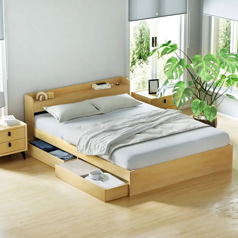 Bed Frame Queen Size with Charging Ports and 2 Drawers Aura
