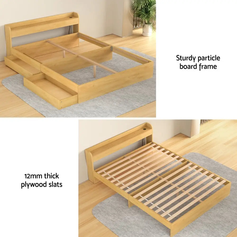 Bed Frame Queen Size with Charging Ports and 2 Drawers Aura