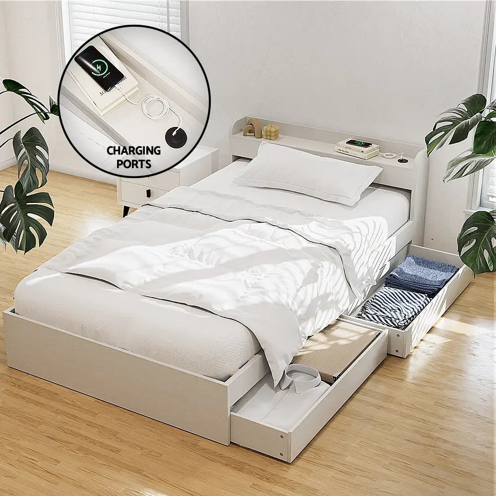 Bed Frame Single Size with Charging Ports and 2 Drawers Aura