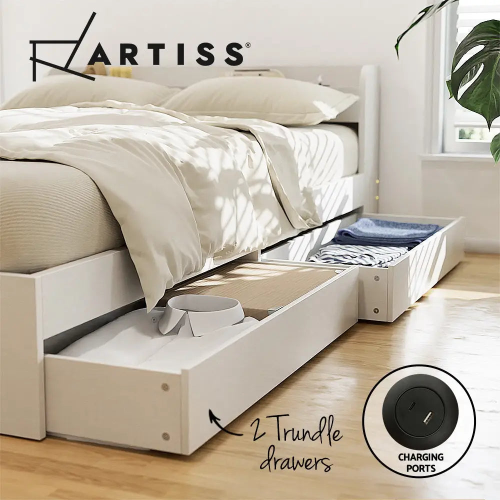 Bed Frame Single Size with Charging Ports and 2 Drawers Aura