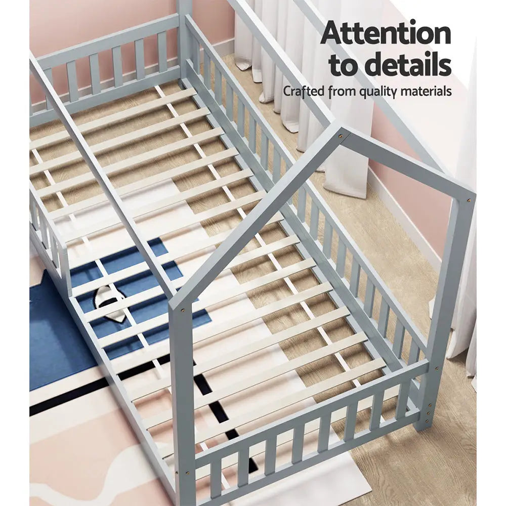 Bed Frame Wooden Kids House Grey Rock