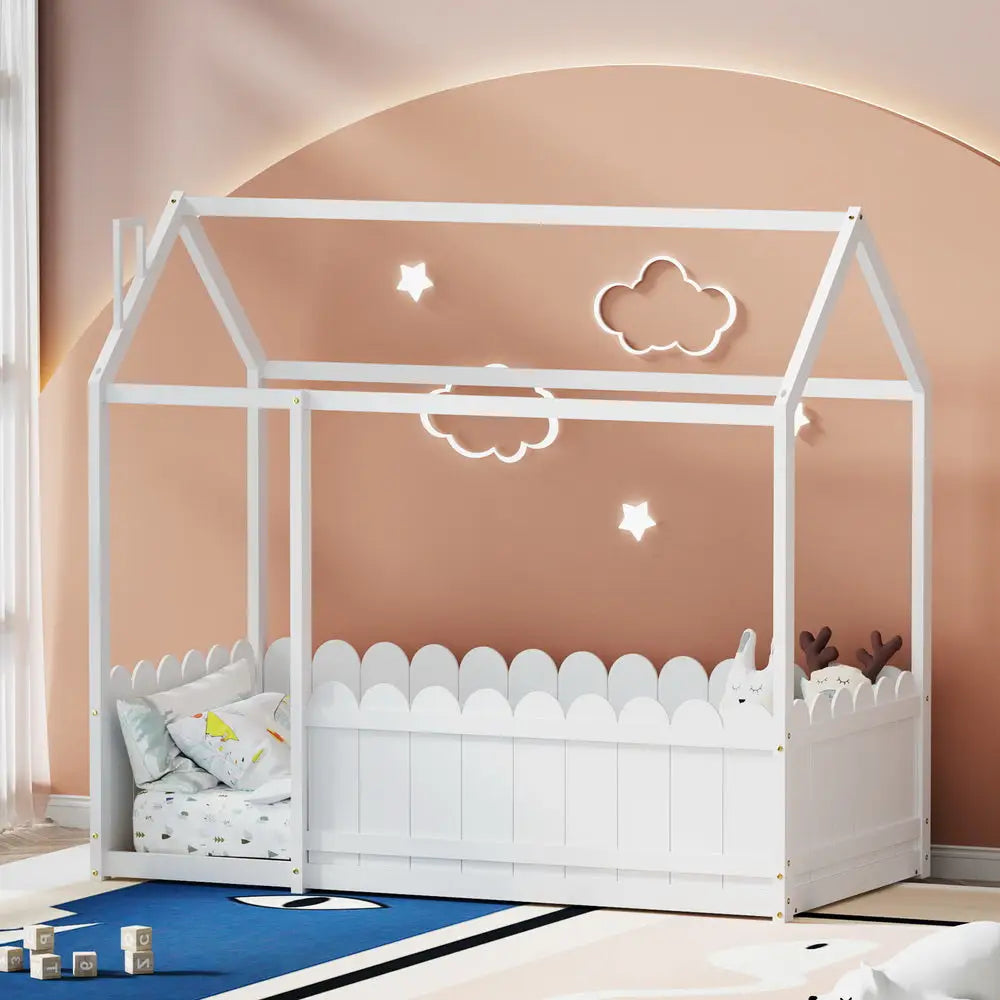 Bed Frame Wooden Kids House Single White Kori