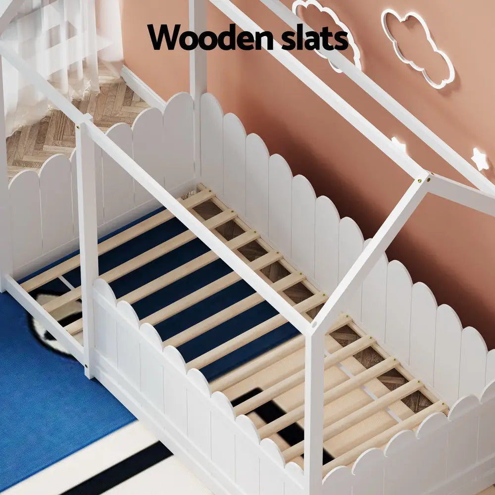 Bed Frame Wooden Kids House Single White Kori