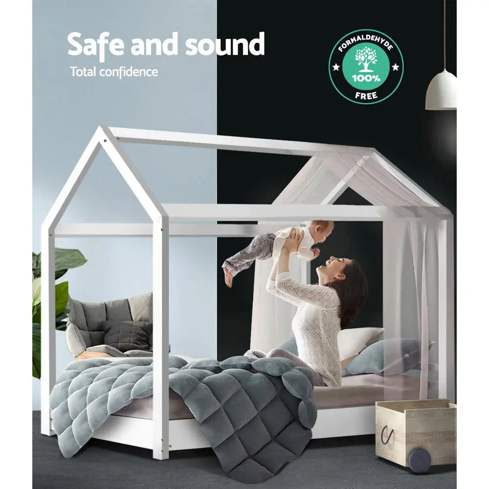 Bed Frame Wooden Kids House White Casa