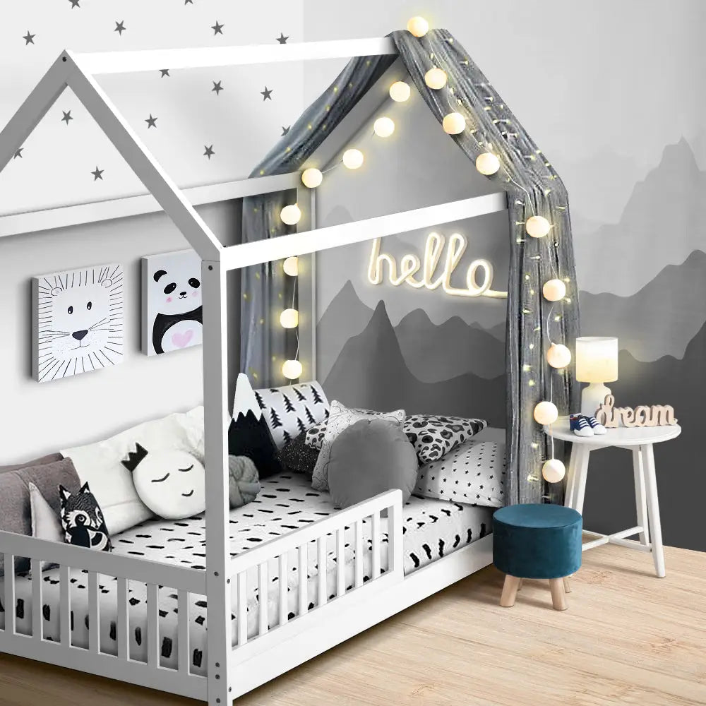 Bed Frame Wooden Kids House White Rock