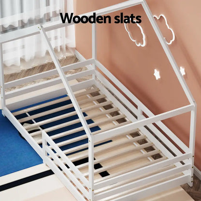 Bed Frame Wooden Kids Single House White Amos
