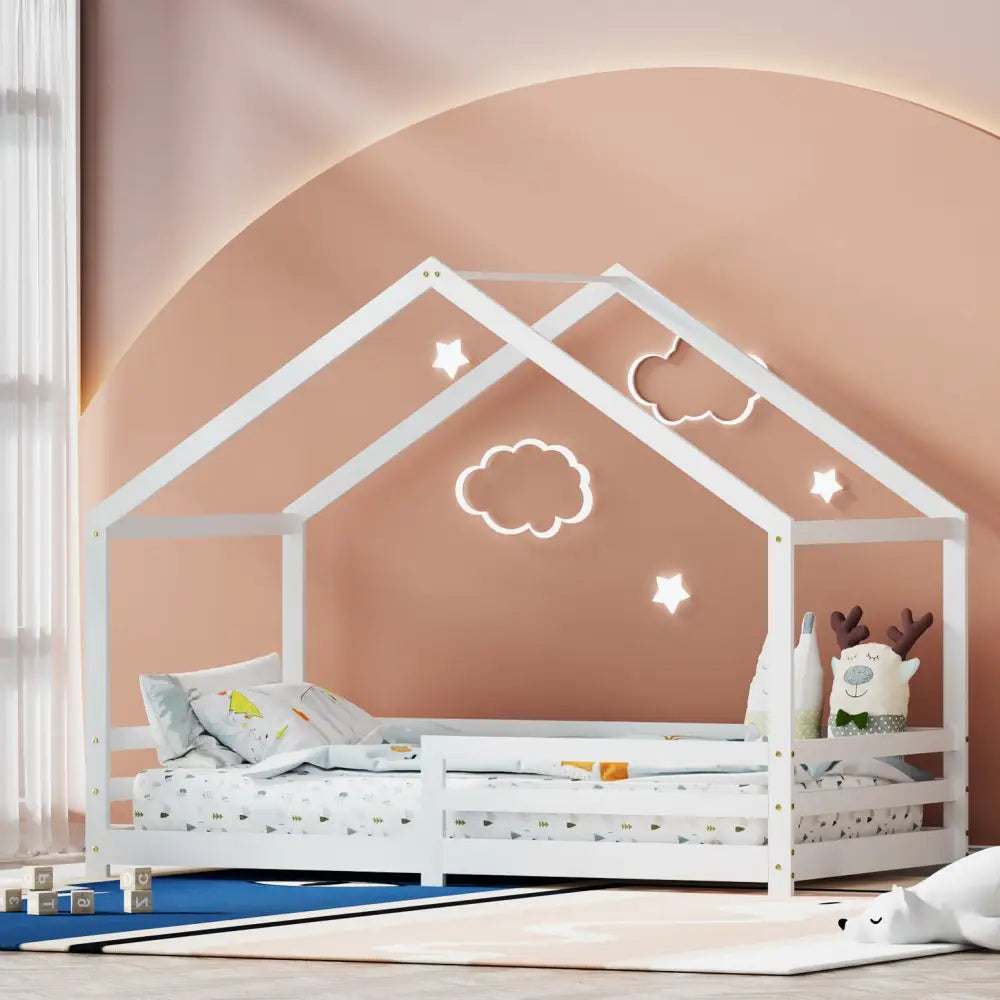 Bed Frame Wooden Kids Single House White Amos