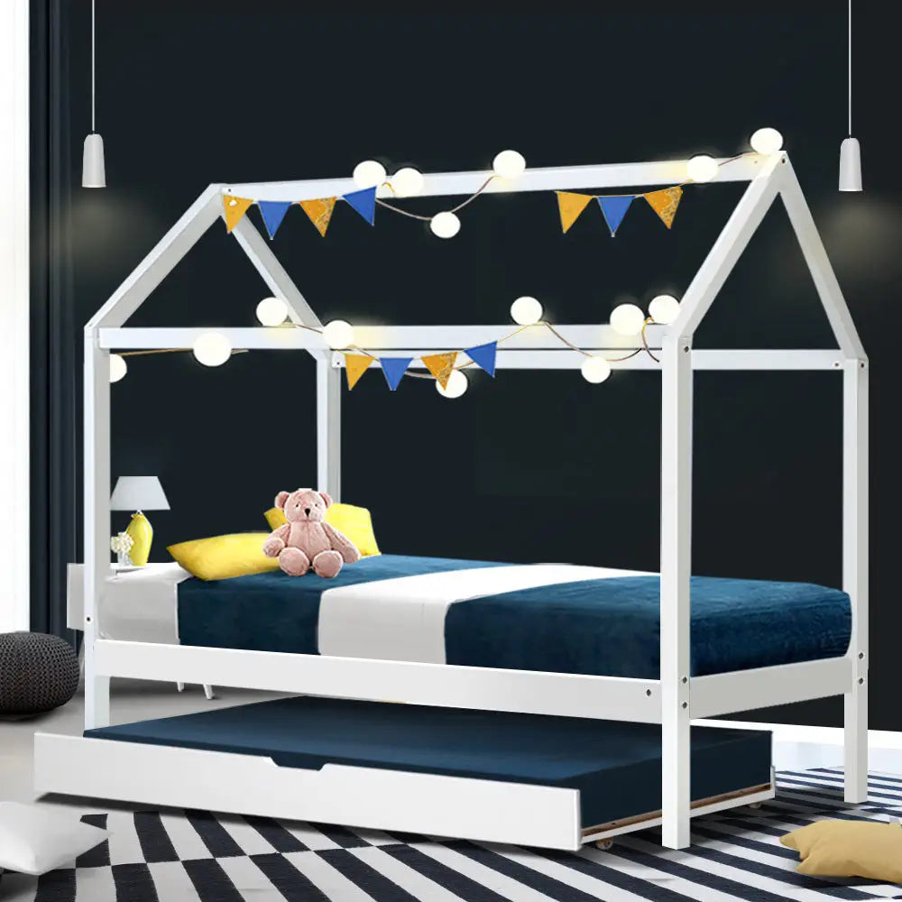 Bed Frame Wooden Trundle Daybed Kids House White Holy