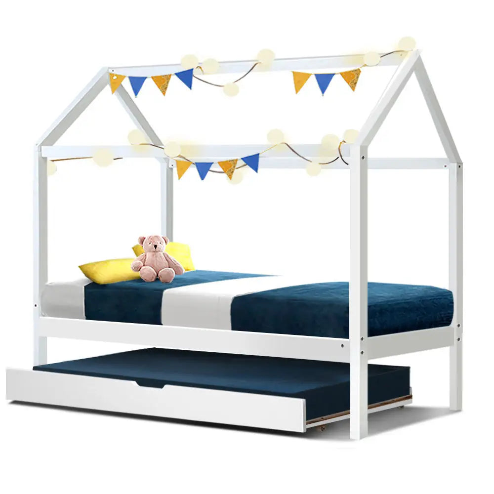 Bed Frame Wooden Trundle Daybed Kids House White Holy