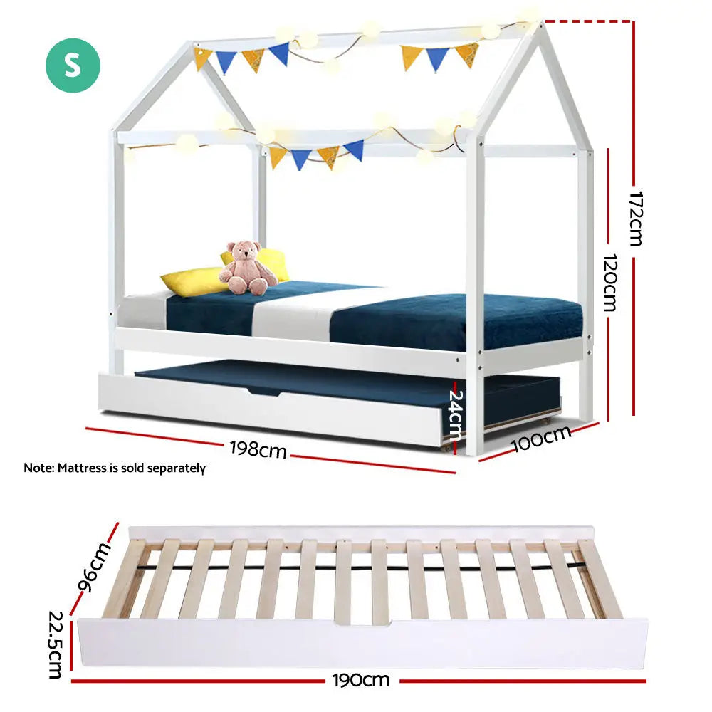 Bed Frame Wooden Trundle Daybed Kids House White Holy
