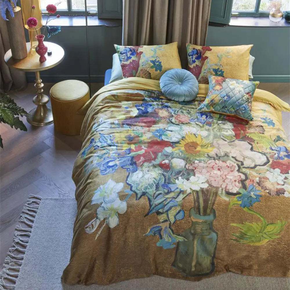 Bedding House Van Gogh Bouquet D’anniversaire Gold Cotton Sateen Quilt Cover Set Super King