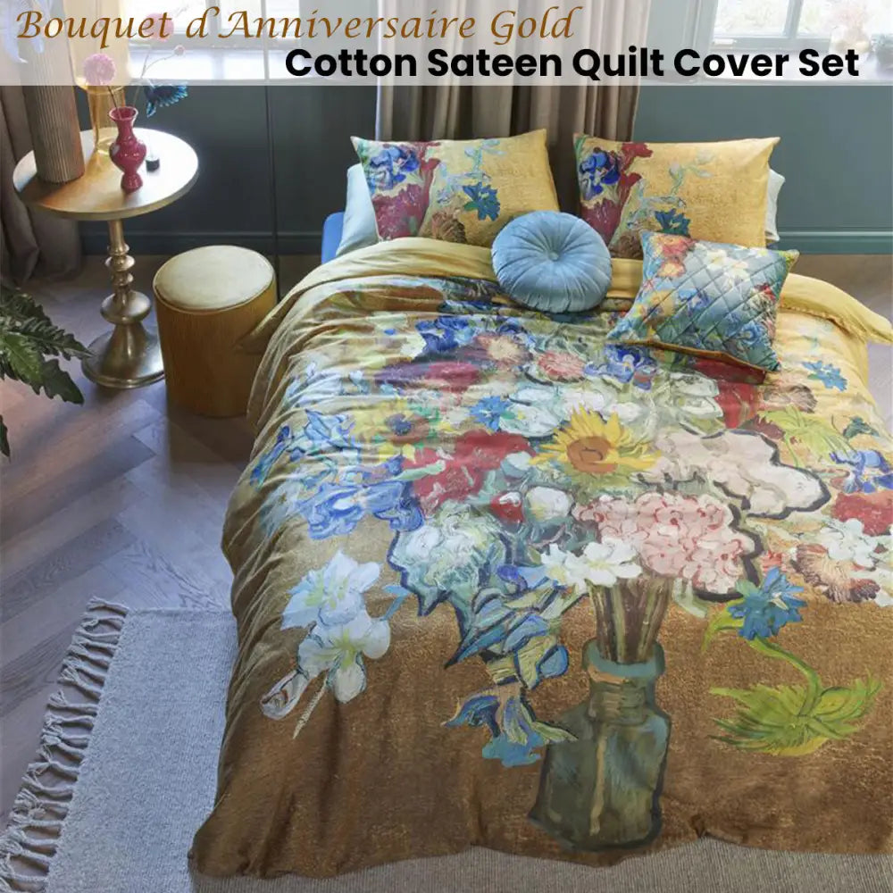 Bedding House Van Gogh Bouquet D’anniversaire Gold Cotton Sateen Quilt Cover Set King