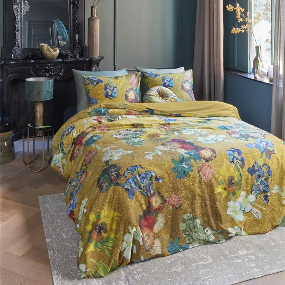 Bedding House Van Gogh Partout Des Fleurs Gold Cotton Sateen Quilt Cover Set Queen