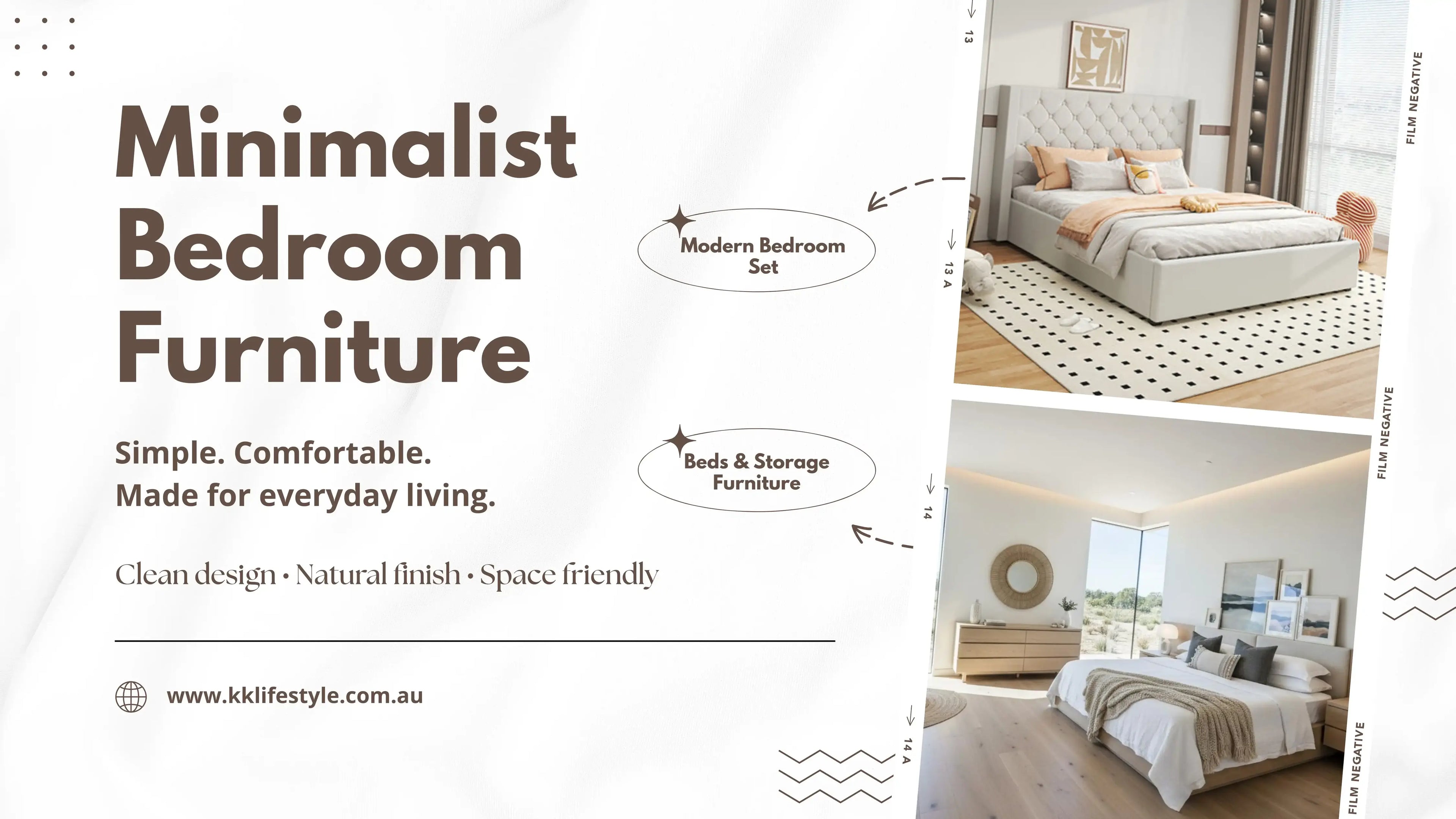 minimalist bedroom furniture, featuring text on the left and two interior bedroom photos on the right showing a bed, storage furniture, and a modern styled room.