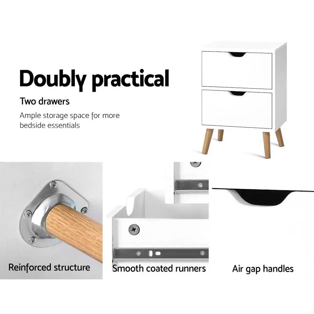 Bedside Table 2 Drawers - Boden White