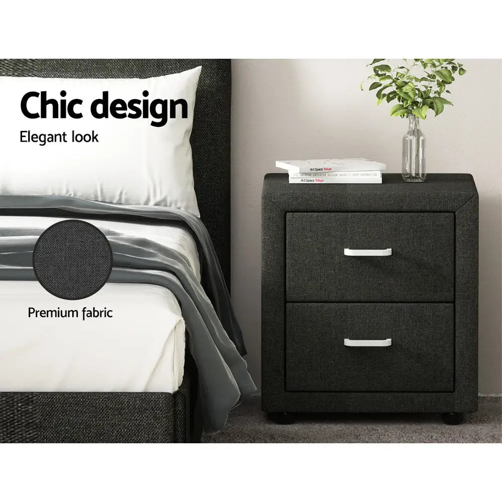 Bedside Table 2 Drawers Fabric - Caden Charcoal