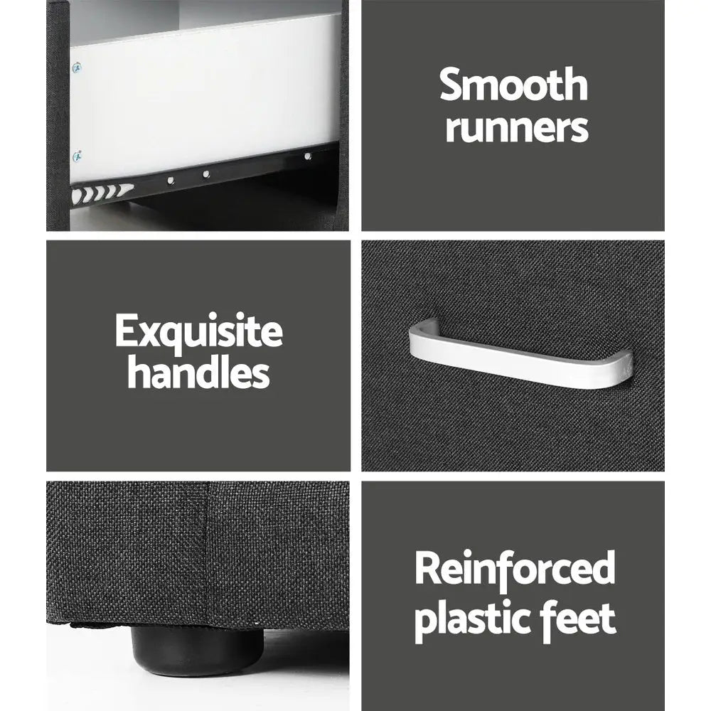 Bedside Table 2 Drawers Fabric - Caden Charcoal