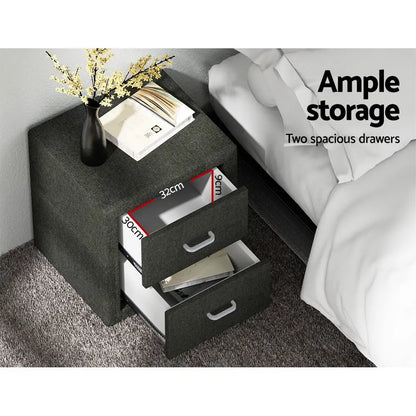 Bedside Table 2 Drawers Fabric - Caden Charcoal
