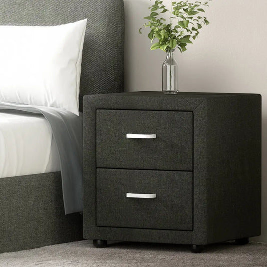 Bedside Table 2 Drawers Fabric - Caden Charcoal