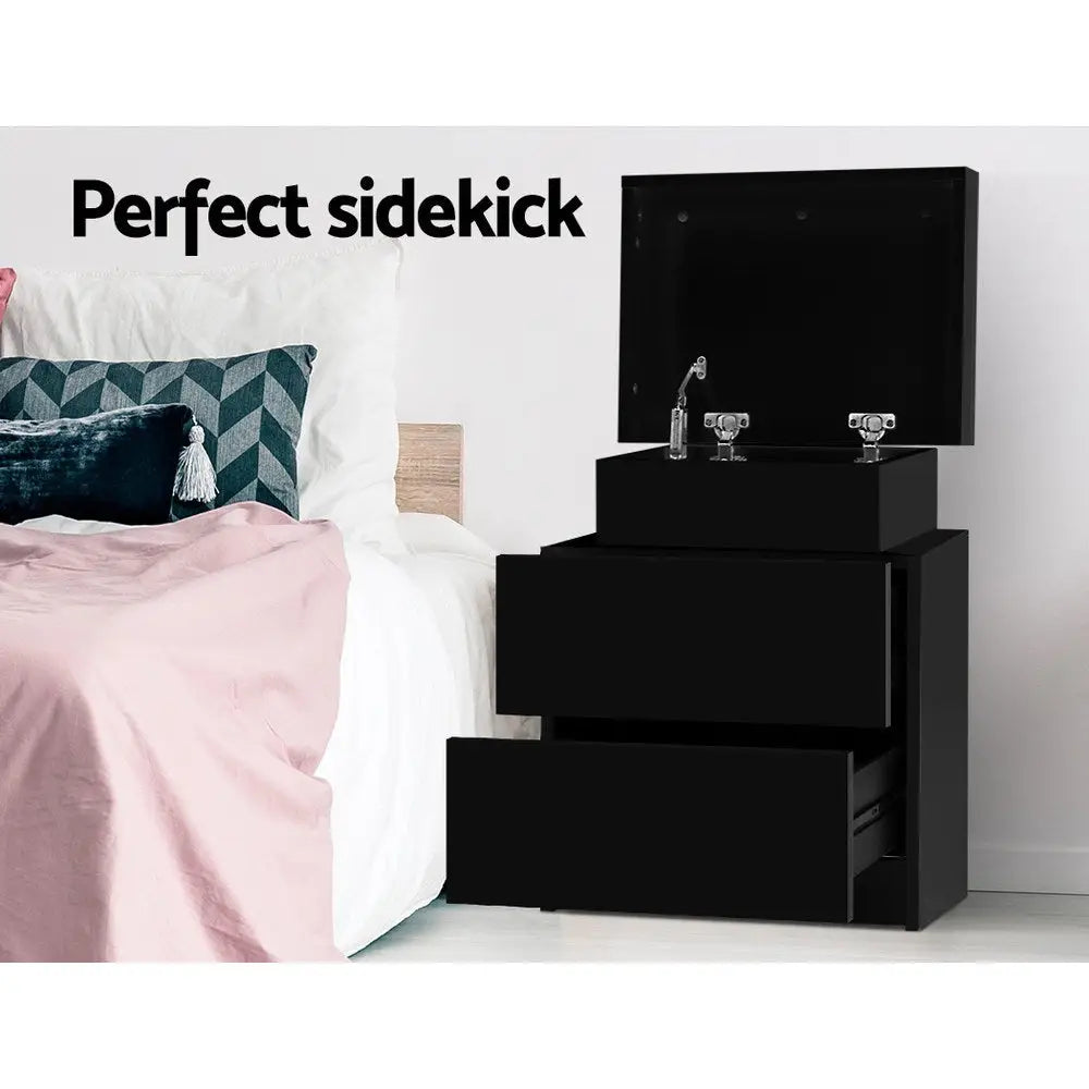 Bedside Table 2 Drawers Lift-up Storage - Coley Black