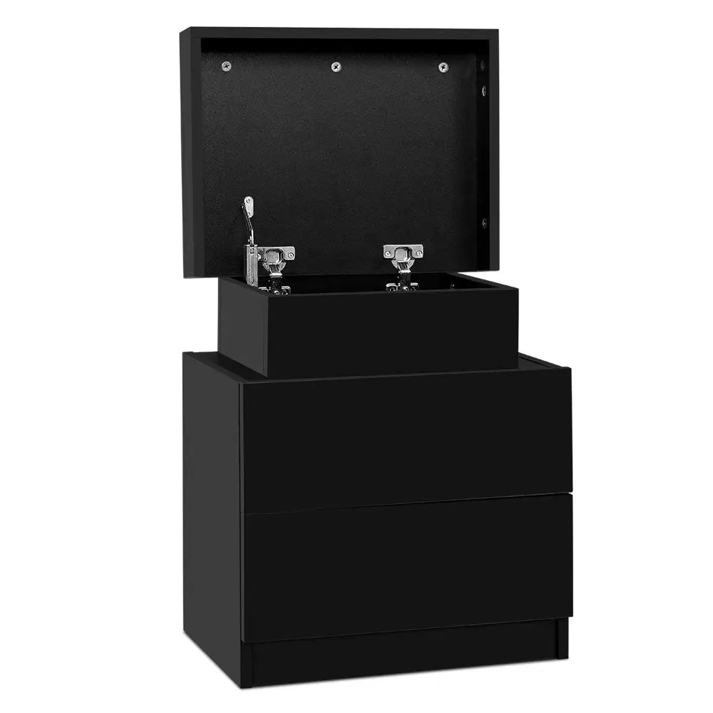 Bedside Table 2 Drawers Lift-up Storage - Coley Black