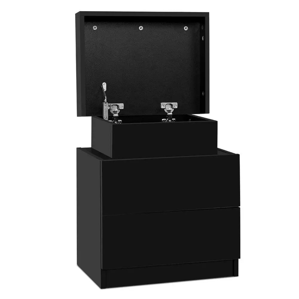 Bedside Table 2 Drawers Lift-up Storage - Coley Black