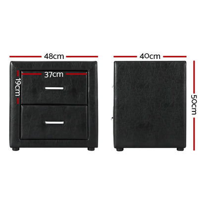 Bedside Table 2 Drawers Side Leather - Caden Black