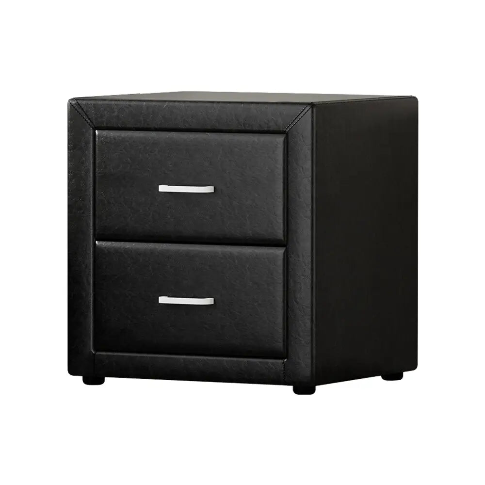 Bedside Table 2 Drawers Side Leather - Caden Black