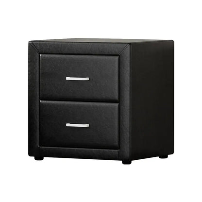 Bedside Table 2 Drawers Side Leather - Caden Black