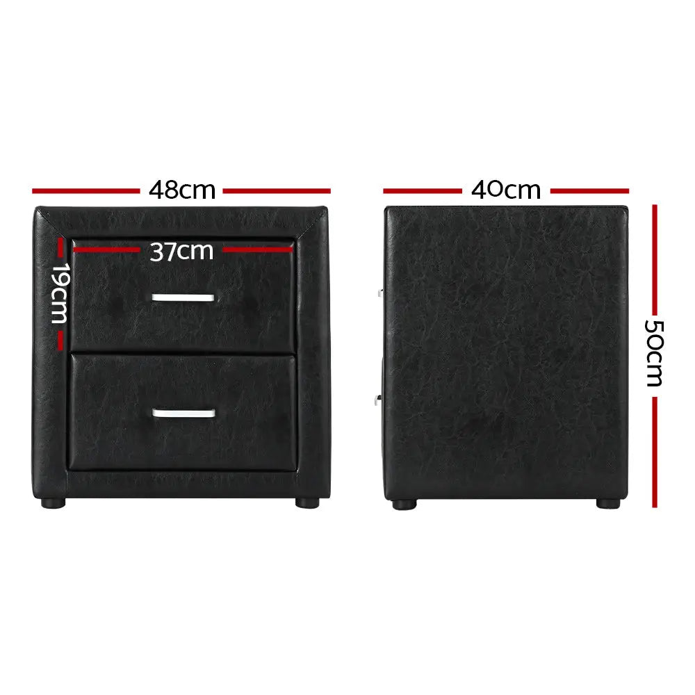 Bedside Table 2 Drawers Side Leather - Caden Black