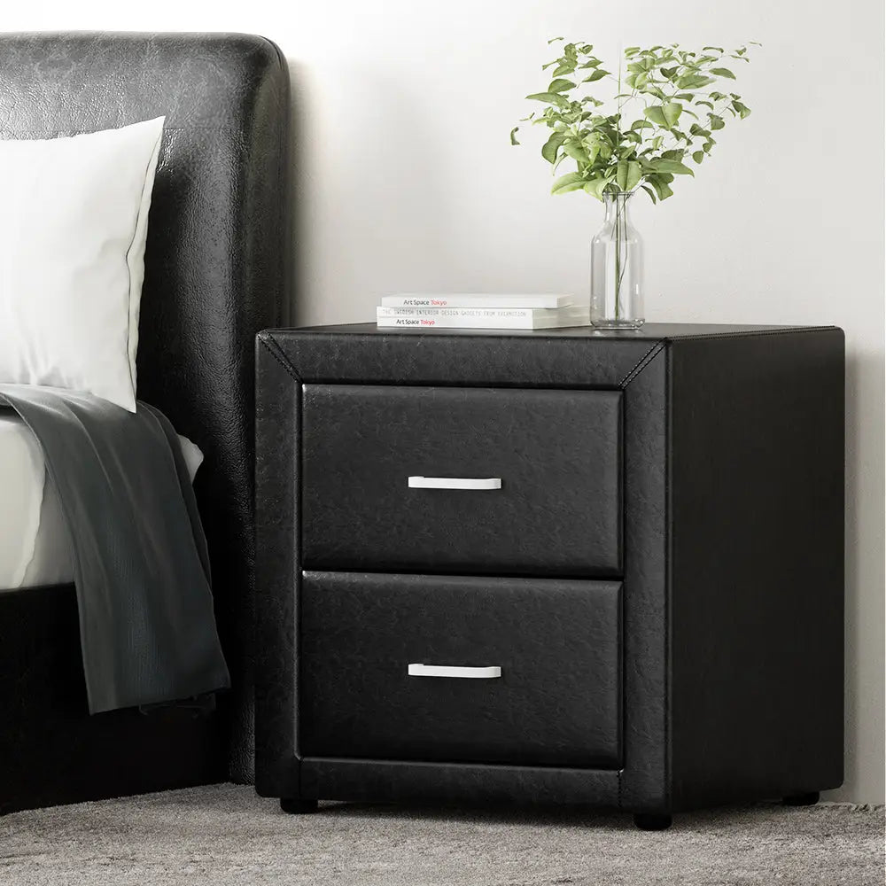 Bedside Table 2 Drawers Side Leather - Caden Black