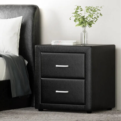 Bedside Table 2 Drawers Side Leather - Caden Black