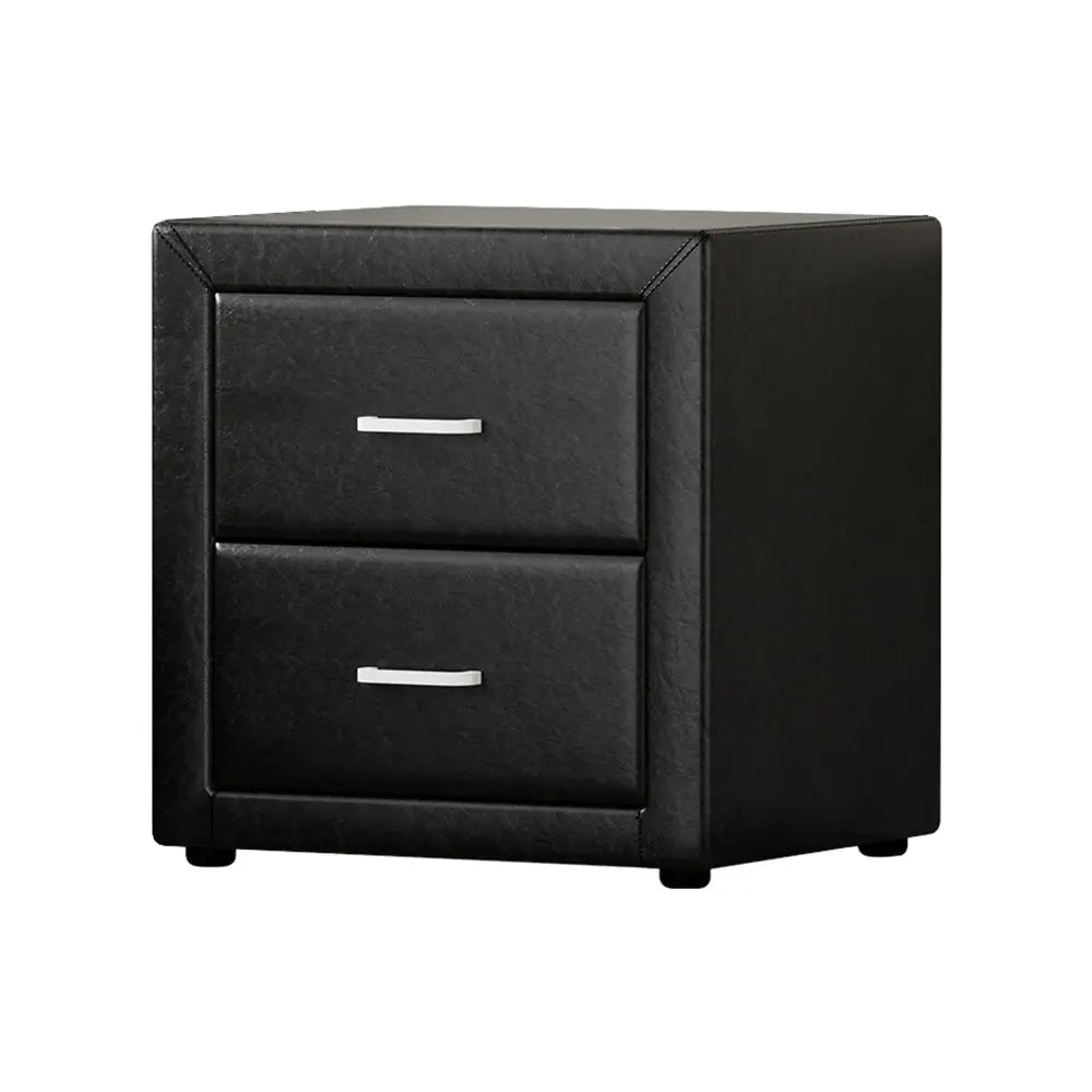 Bedside Table 2 Drawers Side Leather - Caden Black