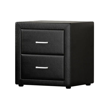 Bedside Table 2 Drawers Side Leather - Caden Black