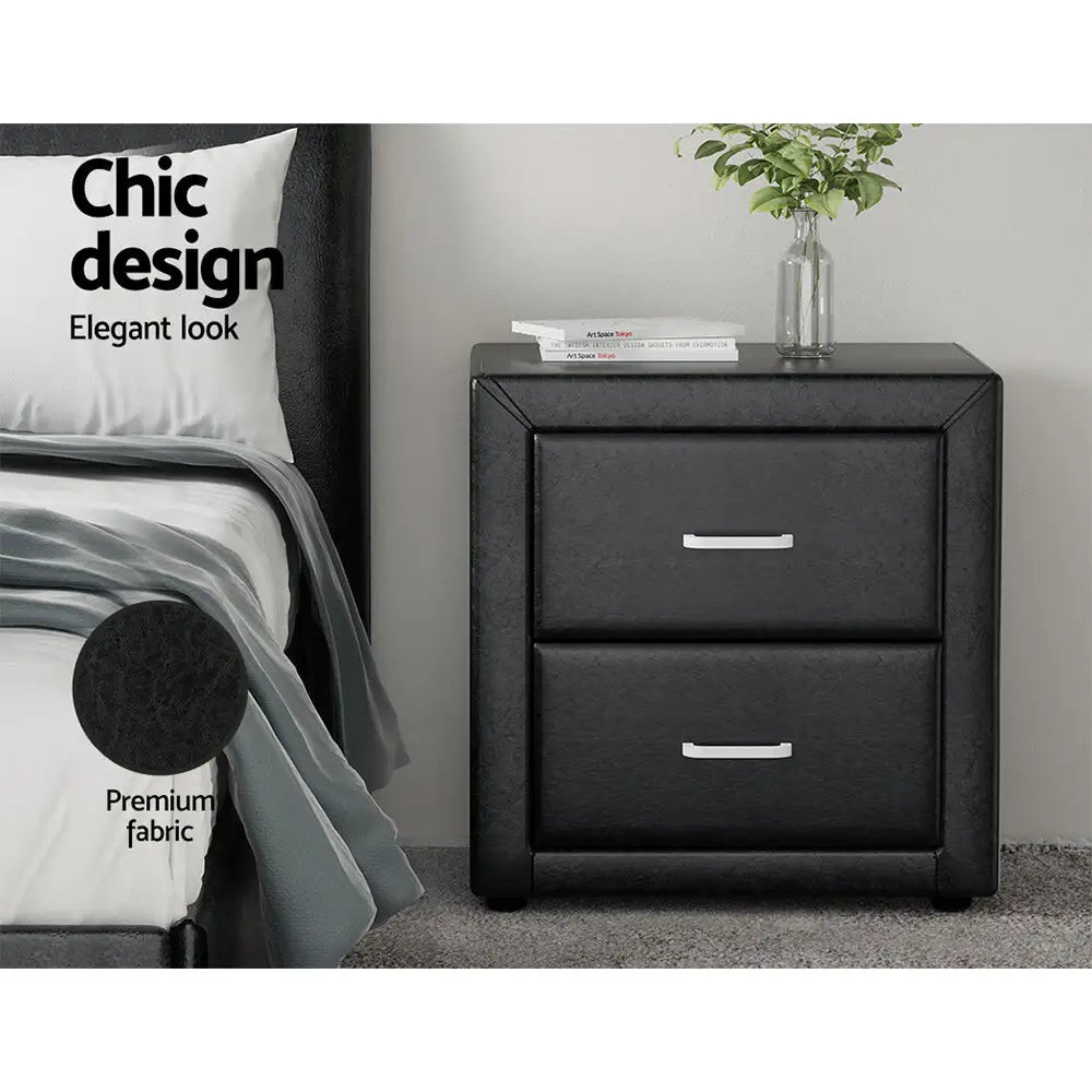 Bedside Table 2 Drawers Side Leather - Caden Black