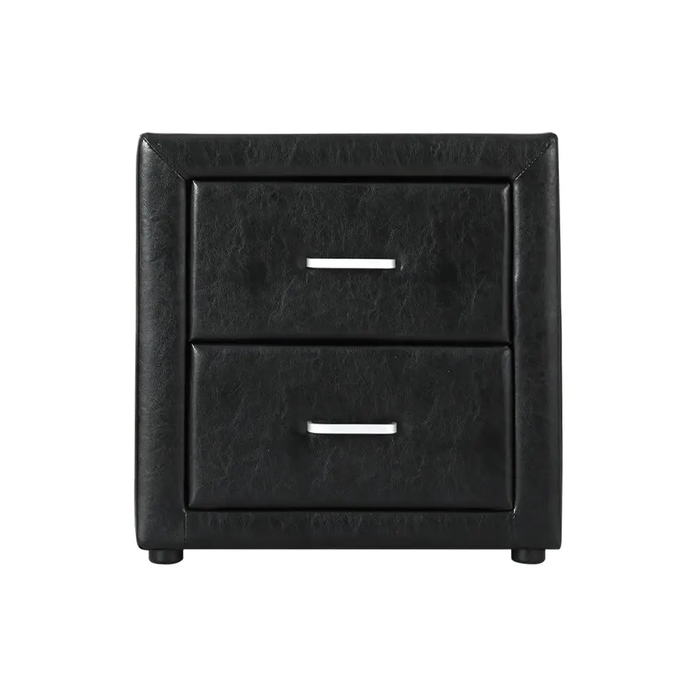 Bedside Table 2 Drawers Side Leather - Caden Black