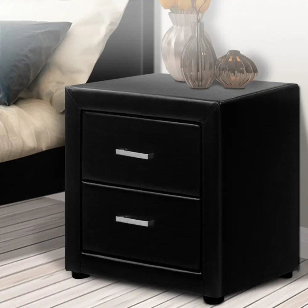 Bedside Table 2 Drawers Side Leather - Caden Black