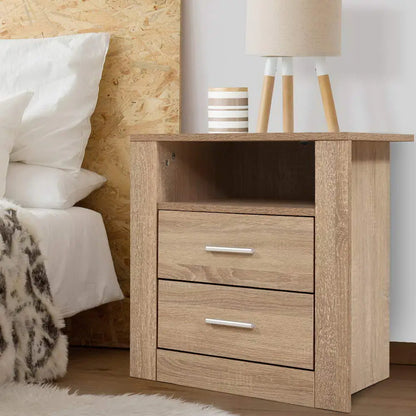 Bedside Table 2 Drawers with Shelf - Tara Oak