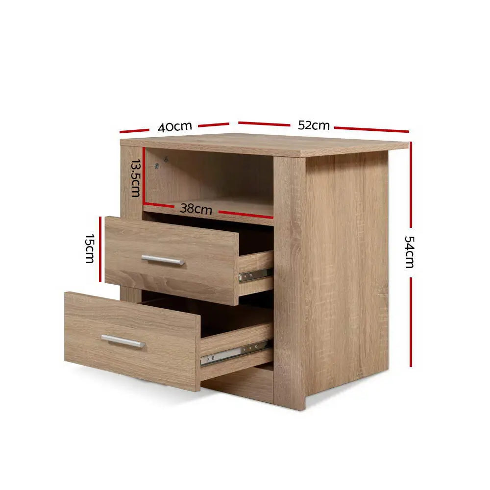 Bedside Table 2 Drawers with Shelf - Tara Oak
