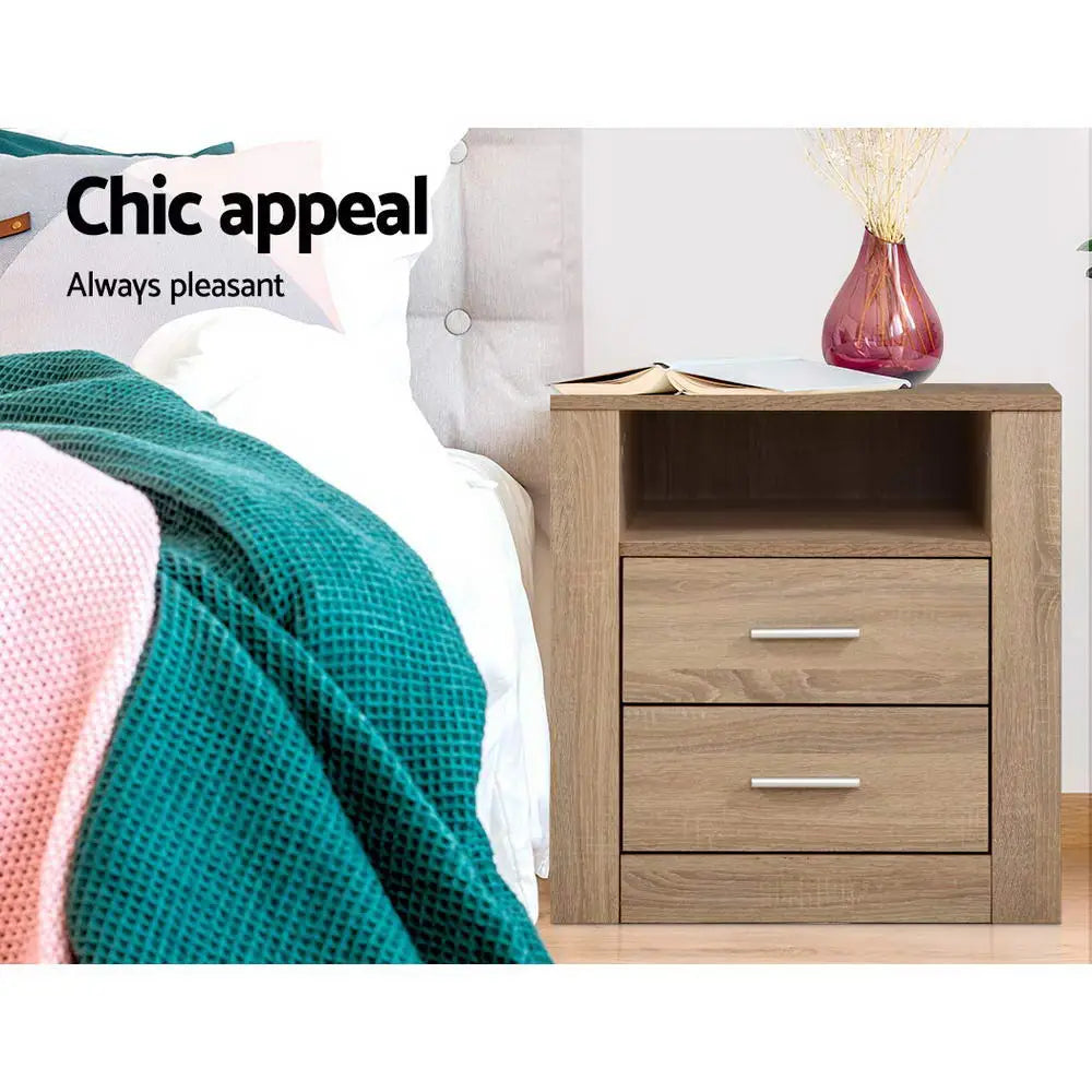 Bedside Table 2 Drawers with Shelf - Tara Oak