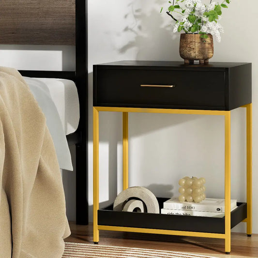 Bedside Table Drawers Side Shelf Storage Nightstand Black Mason